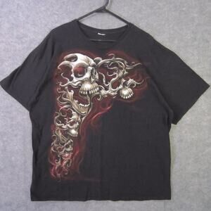 Skull Flames Shirt Mens XL Black y2k Horror Graphic Tee T-Shirt Halloween